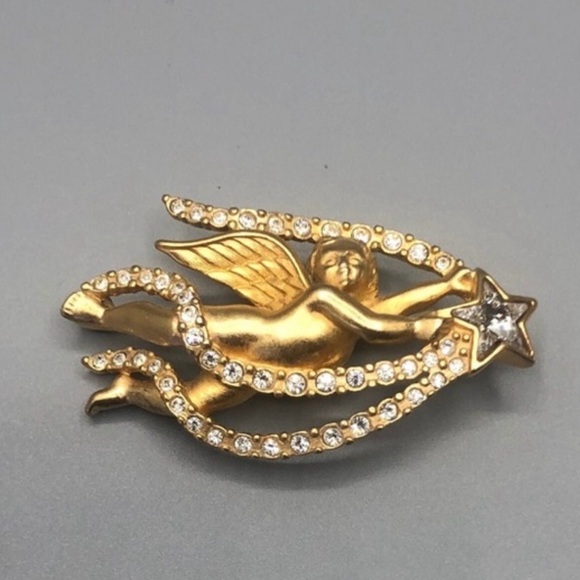 Gold plated Angel Brooch with Rhinestones Swarovski - Picture 4 of 5